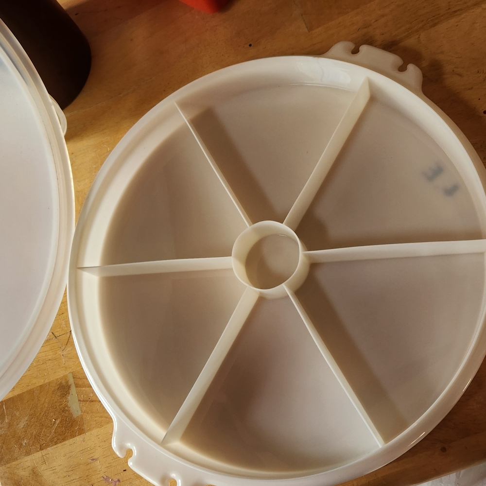 Vintage Tupperware Round Cream Divided Serving Tray With Lid